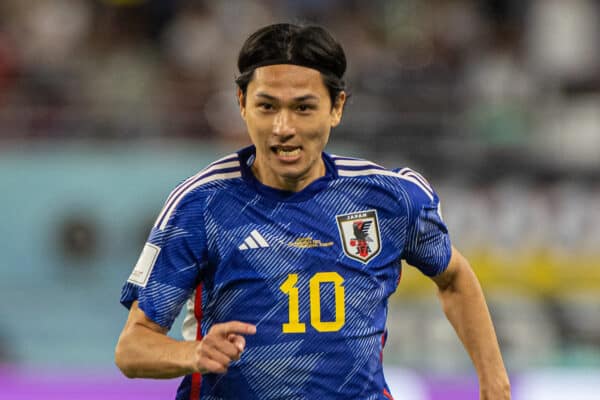 DOHA, QATAR - Wednesday, November 23, 2022: Japan's Japan's Takumi Minamino during the FIFA World Cup Qatar 2022 Group E match between Germany and Japan at the Khalifa International Stadium. (Pic by David Rawcliffe/Propaganda)