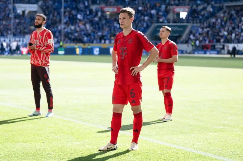 Joshua Kimmich of Bayern looks dejected after the Bundesliga match between TSG Hoffenheim and FC Bayern München at PreZero-Arena on May 18, 2024 in Sinsheim, Germany.